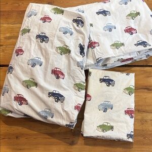 POTTERY BARN KIDS *Twin* Car Truck Print 3-Pc Sheet Set Fitted Flat Case